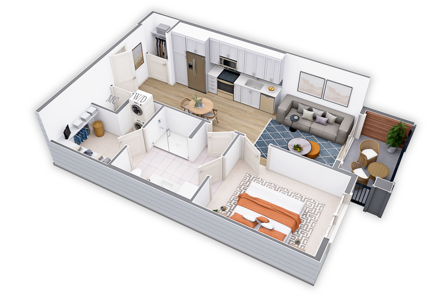 Floor plan for 1 bed, 1 bath, 673 sqft